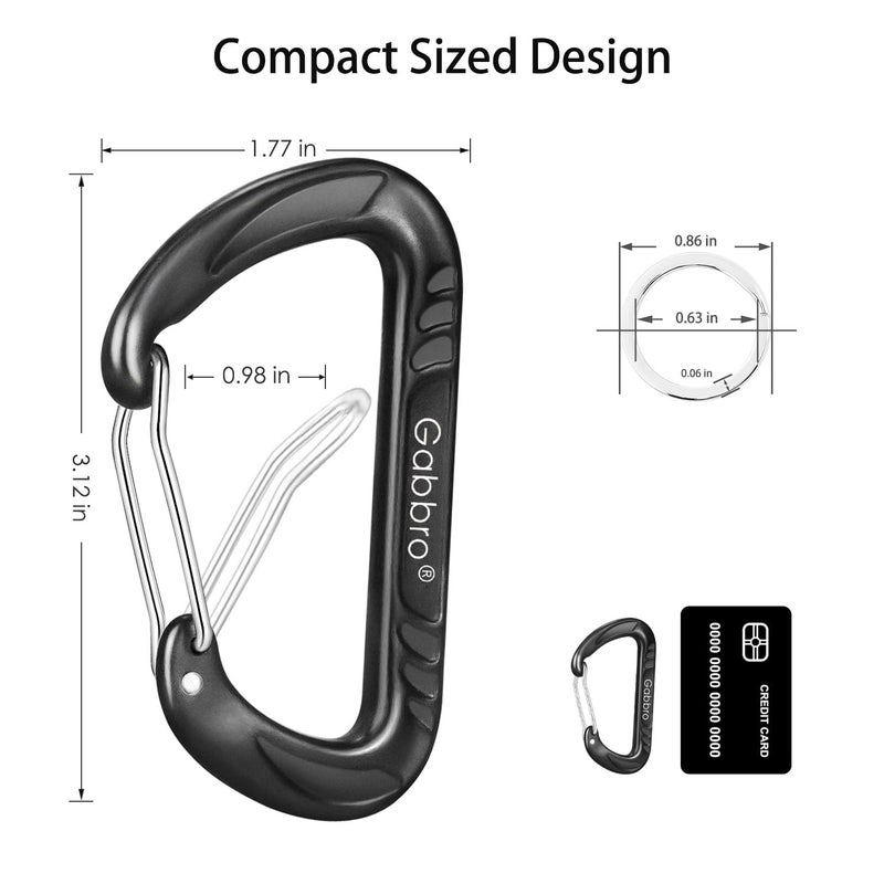 Gabbro Carabiner Clips Heavy Duty 12kN (2697 lbs), | 3.2 Inch, Aluminum, Wiregate Snap, Lightweight, 4 Pack | for Hammock, Hiking, Camping, Water Bottle, Dog Leash Harness, Keychains - Black Blue - Image 4